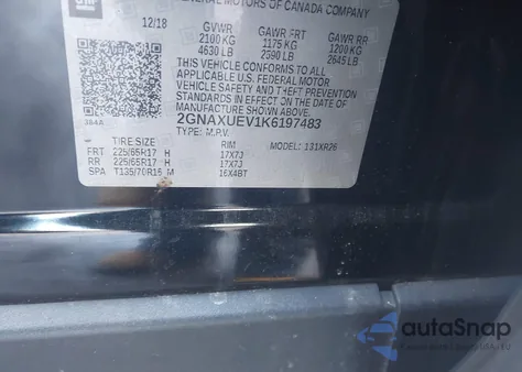 2019 Chevrolet Equinox Lt z USA, uszkodzony, nr VIN 2GNAXUEV1K6197483